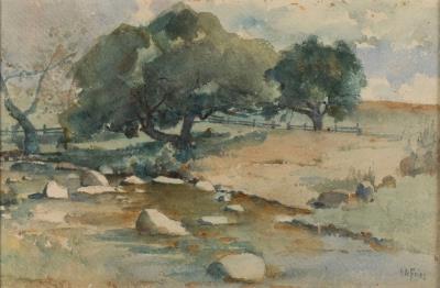 Rural landscape with trees along a fence line