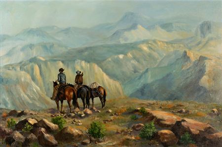 Mountain landscape with two cowboys