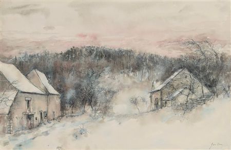 Rural winter landscape with barns