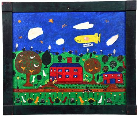 Blimp Over Neighborhood by Philip Willey - Auction record, sale price, and art valuation. Compare with similar artists and explore comparable artworks.