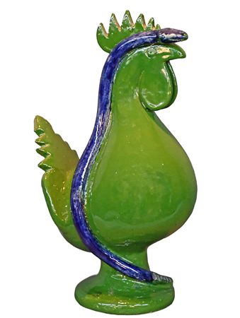 Green Rooster with Blue Snake by Edwin Meaders - Auction record, sale price, and art valuation. Compare with similar artists and explore comparable artworks.