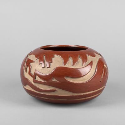 Carved Redware Bowl with Avanyu Design, ca. 1950