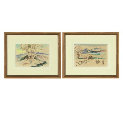 Pair of Watercolors: Untitled (Landscape with Trees and Distant Peaks)