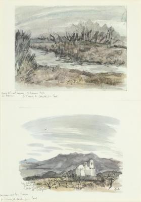 Pair of Watercolors: Santa Fe Trail Crossing; San Javier del Bac