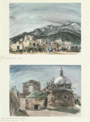 Pair of Watercolors: Taos, ca. 1955 - 1965 + Ruins of Tucumcacori, 1967
