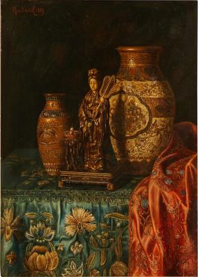Two Vases and a Carved Wooden Figure