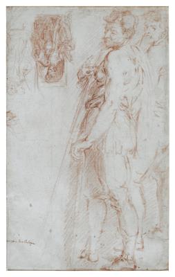 Recto: Studies of Roman Soldiers, a Head, a Figure in a Niche and kneeling Saints; Verso: Study for Saint Peter led to Martyrdom