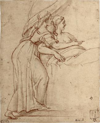A young woman in a bed, having given birth, and a Handmaiden