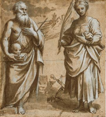 Saint Jerome and Saint Catherine of Alexandria Standing in a Landscape