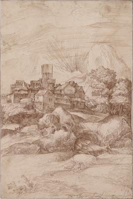 Landscape with a Fortified Town and Rising Sun