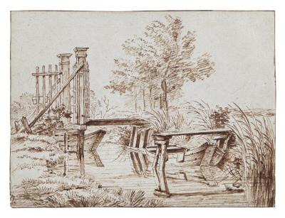 A bridge across a small canal, with moored boats