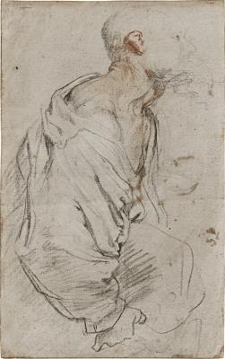 Recto: An old bearded man holding a bundle beneath his arm; Verso: Various composition studies