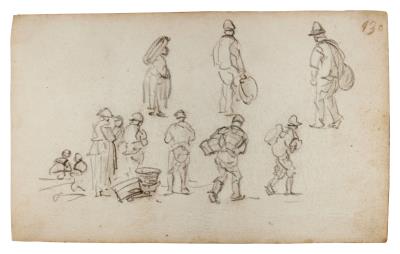 Figure studies of eleven people, many of them carrying loads