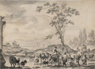 Italianate landscape with herders and their flocks fording a river