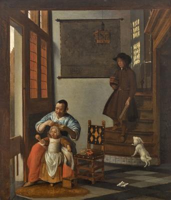 Mother and Child with a Schoolboy Descending the Stairs