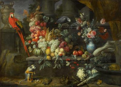 Still Life on a Terrace with Fruits and Vegetables, Flowers in a Vase, a Wine Cooler, a Monkey, a Tortoise, a Macaw, and a Grey Parrot by Joris Van Son - Auction record, sale price, and art valuation. Compare with similar artists and explore comparable artworks.