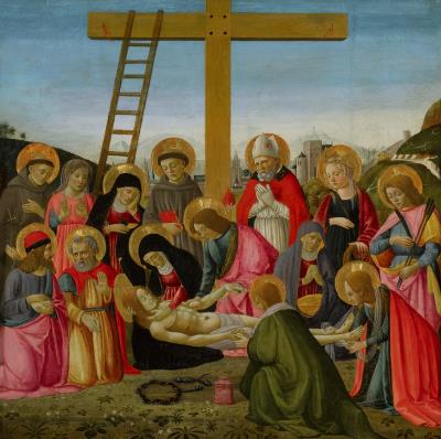 Lamentation with Saints Francis, Anthony of Padua, a Bishop Saint, Catherine of Alexandria, and Sebastian