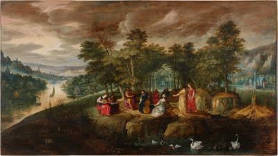 Apollo and the Muses in a Panoramic Landscape (by Maerten Ryckaert and Collaborators)