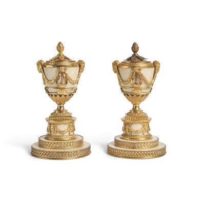Pair of George III White Marble and Gilt Bronze Lyre Vases