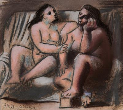 Two naked women seated