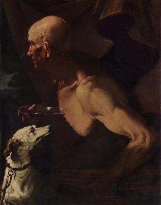 Man with a Glass Dish of Wine, Bagpipes, and a Dog