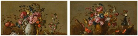 Still Life of Flowers in a Metal Vase, an Overturned Basket of Cherries and Fruit, and a Glass Bottle with Flowers on a Rocky Ground; Still Life of Flowers in a Blue and White Ceramic Vase, Fruit, and a Stalk of Gladiolas on a Rocky Ground