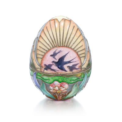 A Fabergé Silver-Gilt, Cloisonné and Pictorial Enamel Egg