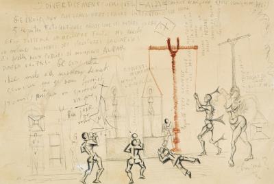 Scénographie avec annotations pour l’opéra bouffe "La Dame espagnole et le cavalier romain" de Maurice Béjart
