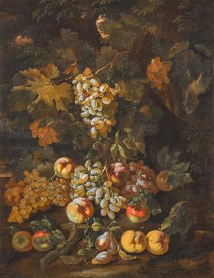 Still life with grapes, apples, peaches and plums in a wooded landscape; Still life with a melon, apples, grape, peaches, quinces and plums by a tree