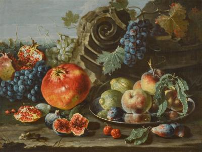 Still life of pomegranates, grapes, figs, plums and peaches on a silver plate, together with a fragment of a classical column, arranged in a landscape