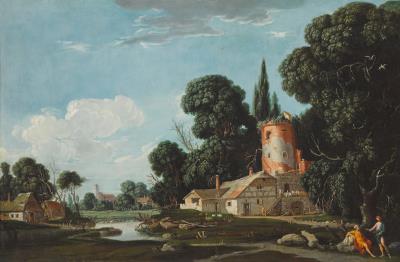 A landscape with a farm and tower