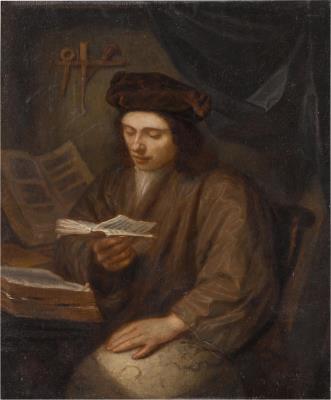 A young scholar reading in a study