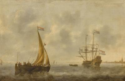 Dutch sailing ships on open water, with a town to the right