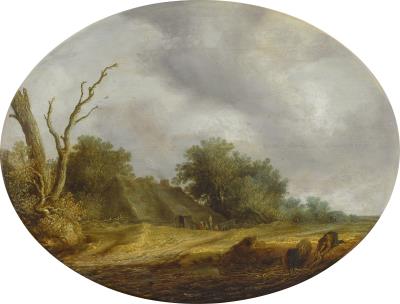 Two brushwood gatherers, with a barn, seated and standing figures, a farmers' wagon and trees beyond