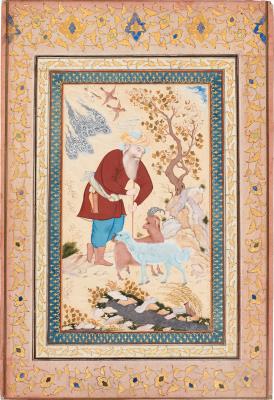 An old shepherd leaning on his staff in a landscape
