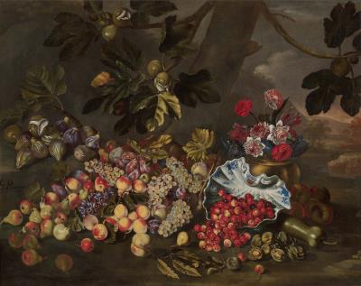 Still life of pears, apples and figs, with cherries in a blue and white porcelain dish together with a bunch of flowers in a gilt bowl in a forest landscape
