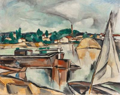 Small sailing boat and barge on the Seine at Chatou