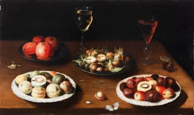 Still Life with Fruits on Pewter Platters and Glasses of Wine