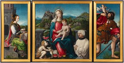 Triptych: Virgin and Child with Saint John the Baptist and a donor (center), said Triptych Pani; Saint Barbara (left); Saint Christopher (right)