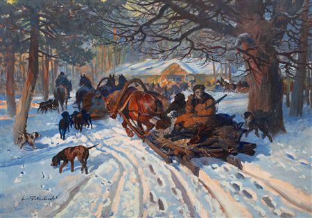 Returning from the Hunt by Jerzy Potrzebowski - Auction record, sale price, and art valuation. Compare with similar artists and explore comparable artworks.