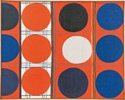 A navy blue circle on a vermilion background