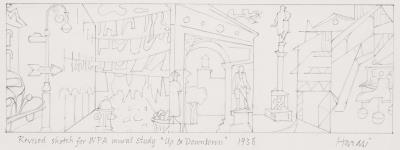 Revised Sketch for WPA Mural Study (Up & Downtown)