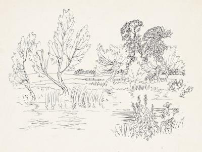 Preparatory sketch of a riverside scene
