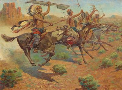 Lakota Sioux war party, with individuals resembling Chief Sitting Bull and Red Cloud