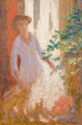 Interior Scene with Woman in a Blue Striped Dress with a Plant and Bowl of Fruit