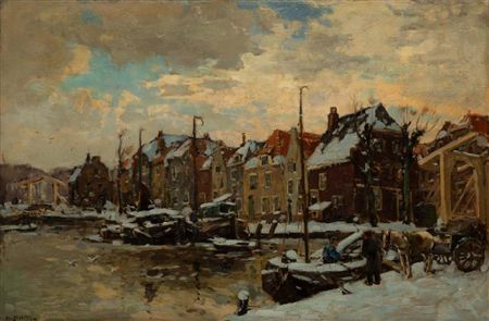 View on the harbour of Weesp in winter