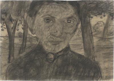 Self-portrait with landscape before trees