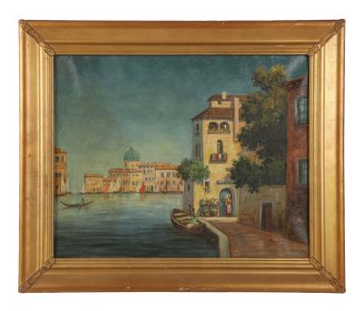 Mediterranean canal scene of Venice with the blue dome of The Church of San Simeon Piccolo in the background, sailboats and gondolas along the canal, and a woman with flowers in the foreground