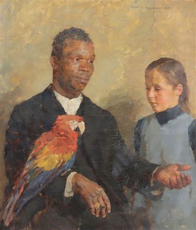 Black man with a parrot in his arms, next to a girl
