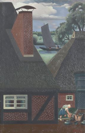 Farmer's wife at a thatched farmstead, in the background view of a body of water with a sailing ship